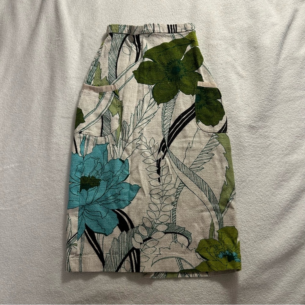 Floral linen midi skirt